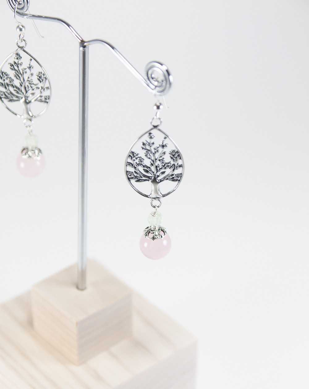Boucles d'oreilles arbre de vie quartz rose et préhnite, Sanùk Création