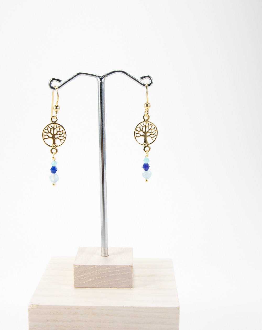 Boucles d'oreilles arbre de vie plaqué or, Lapis Lazuli, Apatite, Aigue Marine, Sanùk Création, Bayonne