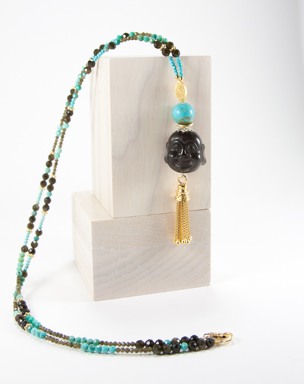 Sautoir grand bouddha en Obsidienne dorée et Turquoise d'Arizona, Sanùk Création, Bayonne
