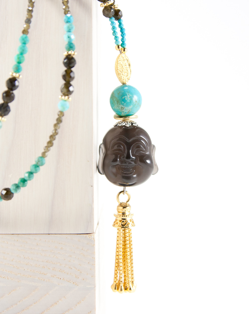 Sautoir grand bouddha en Obsidienne dorée et Turquoise d'Arizona, Sanùk Création, Bayonne