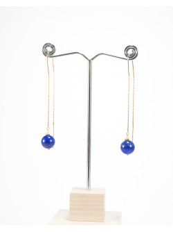 Boucles d'oreilles double chaine en Lapis Lazuli, argent 925 plaqué or, Sanuk Création, Bayonne