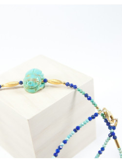 Collier en Lapis lazuli et Turquoise, Scarabée en Turquoise d'Arizona, Sanuk Création