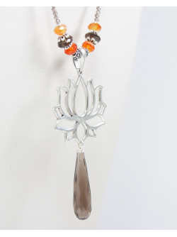 Sautoir fleur de Lotus Cornaline Quartz Fumé, Sanuk création
