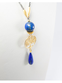 Sautoir arbre de vie en Lapis Lazuli et Pyrite. Collection Kimua. Sanuk Création. Créateurs Français
