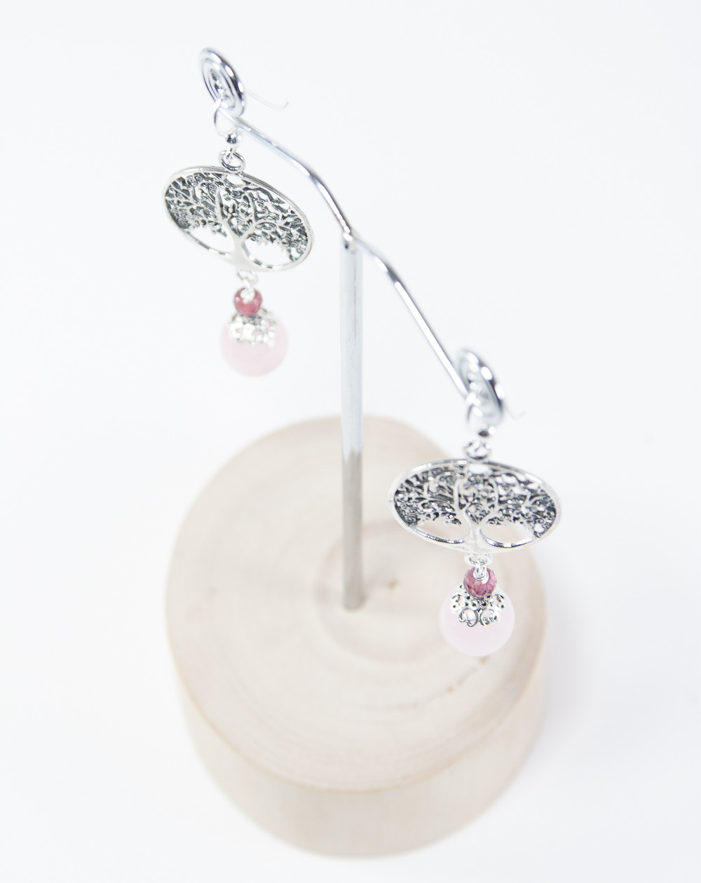 Boucles d'oreilles arbre de vie Quartz Rose, Collection Kimua. Sanuk Création