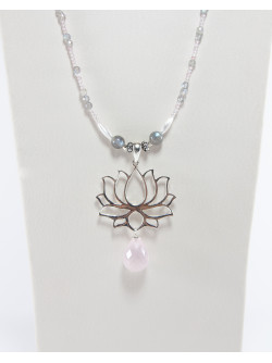 Sautoir Fleur de Lotus Quartz rose Labradorite, collection Dokbua. Créateurs Français, Sanuk Création